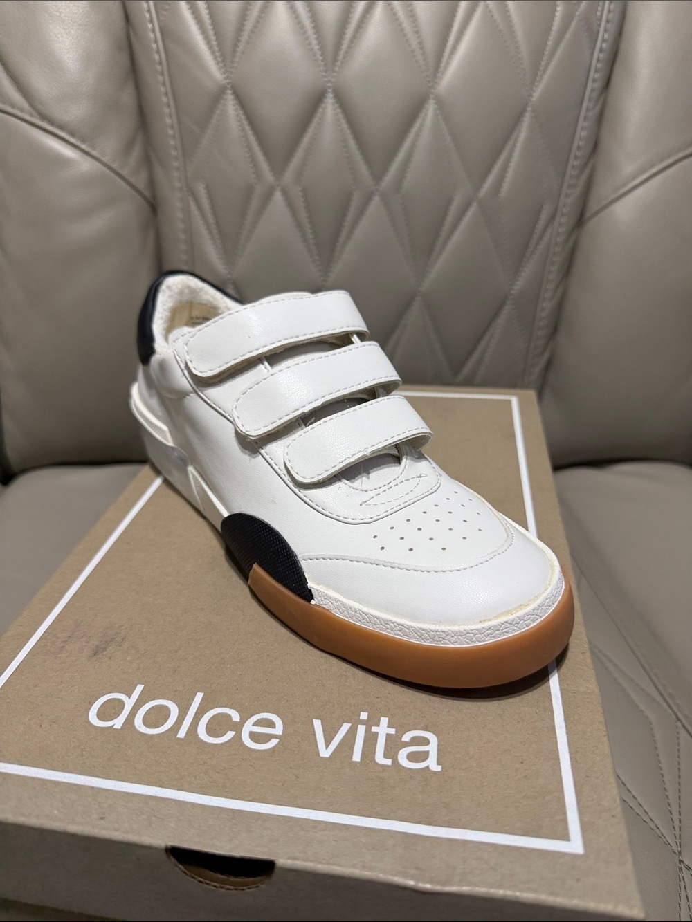 Dolce Vita Zeon White Leather Velcro Sneakers with Gum Sole and Black Heel Tab
